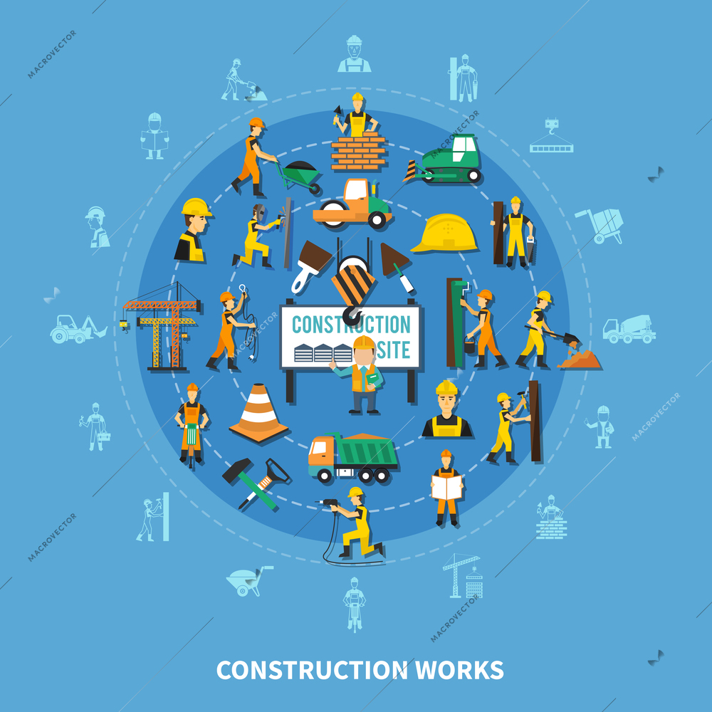 Construction worker colored composition with isolated icon set combined in big flat style round vector illustration