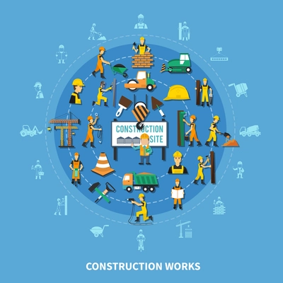 Construction worker colored composition with isolated icon set combined in big flat style round vector illustration