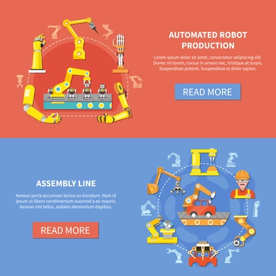 Two colored horizontal robotic arm banner set with automated robot production and assembly line descriptions vector illustration