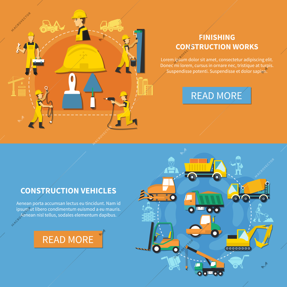 Orange and blue horizontal construction worker banner set with finishing construction works and construction vehicles headlines vector illustration
