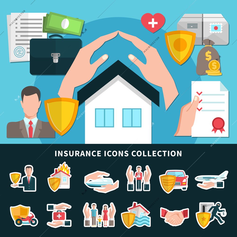 Insurance icons collection including medical care, travel, transportation, property against fire and flood isolated vector illustration