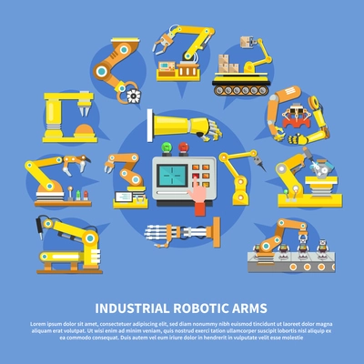 Colored industrial robotic arms composition with different types of arms and robots vector illustration