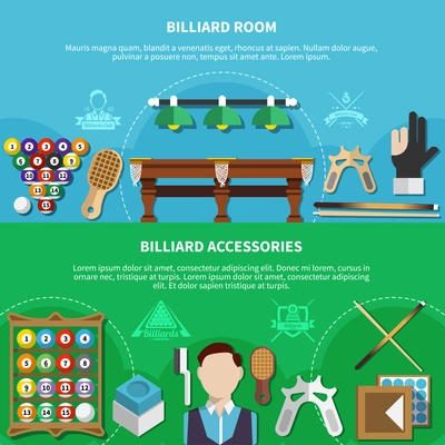 Horizontal banners set with player, billiard room, game accessories isolated on green and blue background vector illustration