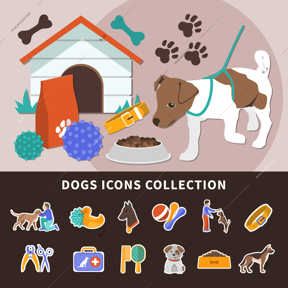 Dogs set of isolated emoji style icons with different toys and accessories for pets with pawprints vector illustration