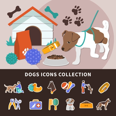 Dogs set of isolated emoji style icons with different toys and accessories for pets with pawprints vector illustration