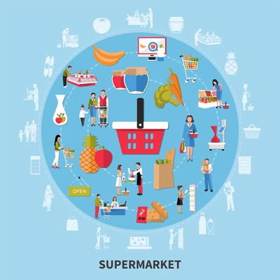 Supermarket round composition on blue background with seller, customers, equipment, food products, goods with discount vector illustration