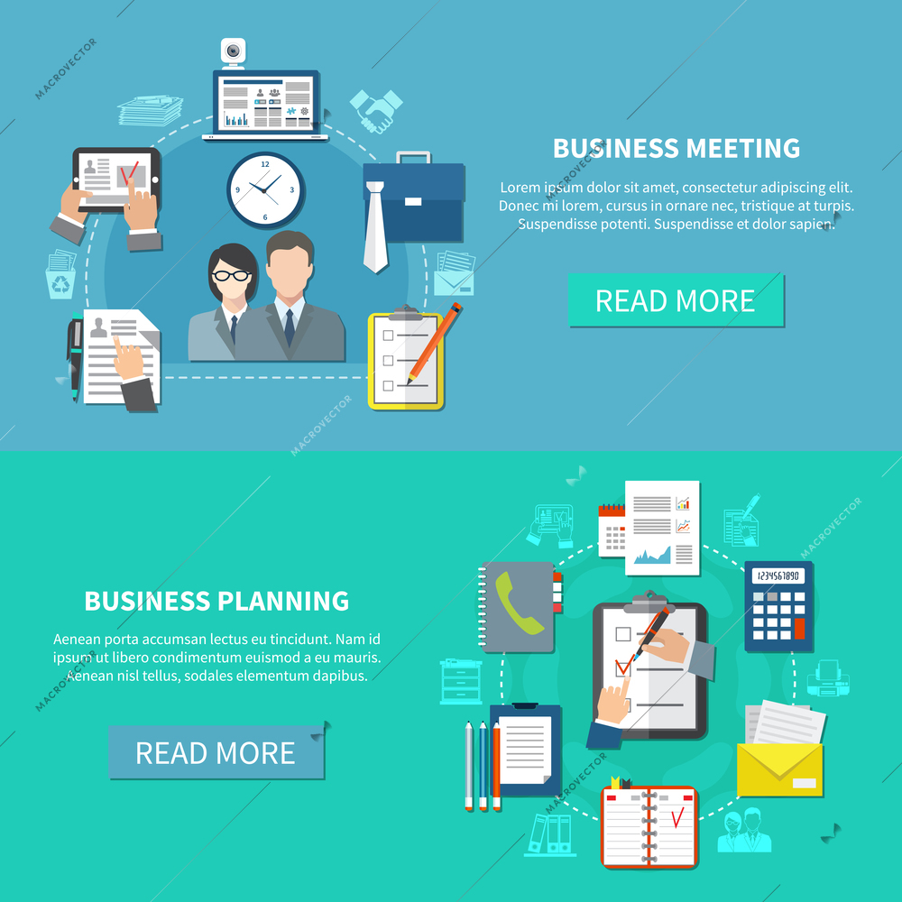 Two horizontal business items banner set with business planning and meeting descriptions vector illustration