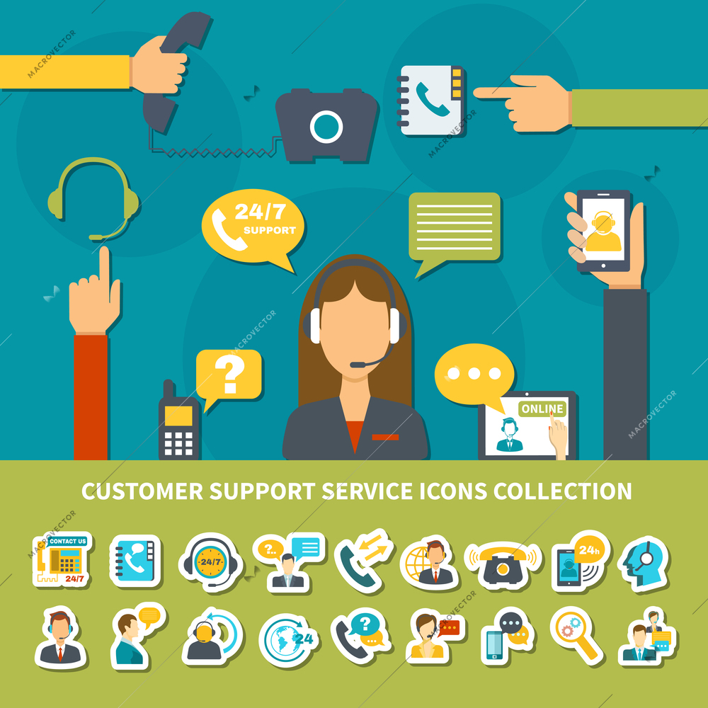 Customer support service icons collection with operator of call center during consultation, helpdesk online isolated vector illustration