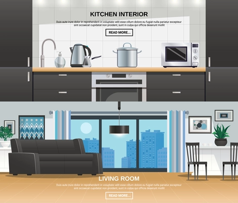 Modern kitchen and living room interior design 2 website horizontal banners with furniture appliances utensils  vector illustration