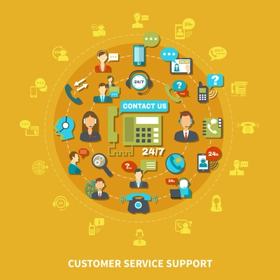 Customer service support round composition on yellow background with operators during communication, speech bubbles vector illustration