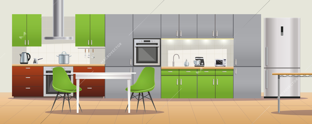 Modern kitchen interior design ideas with fresh green cabinets chairs furniture lighting and stainless appliances vector illustration