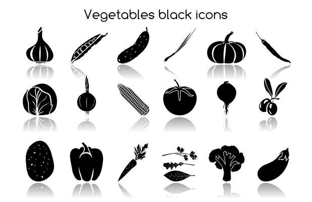 Vegetable organic food black icons set of garlic peas cucumber chives isolated vector illustration