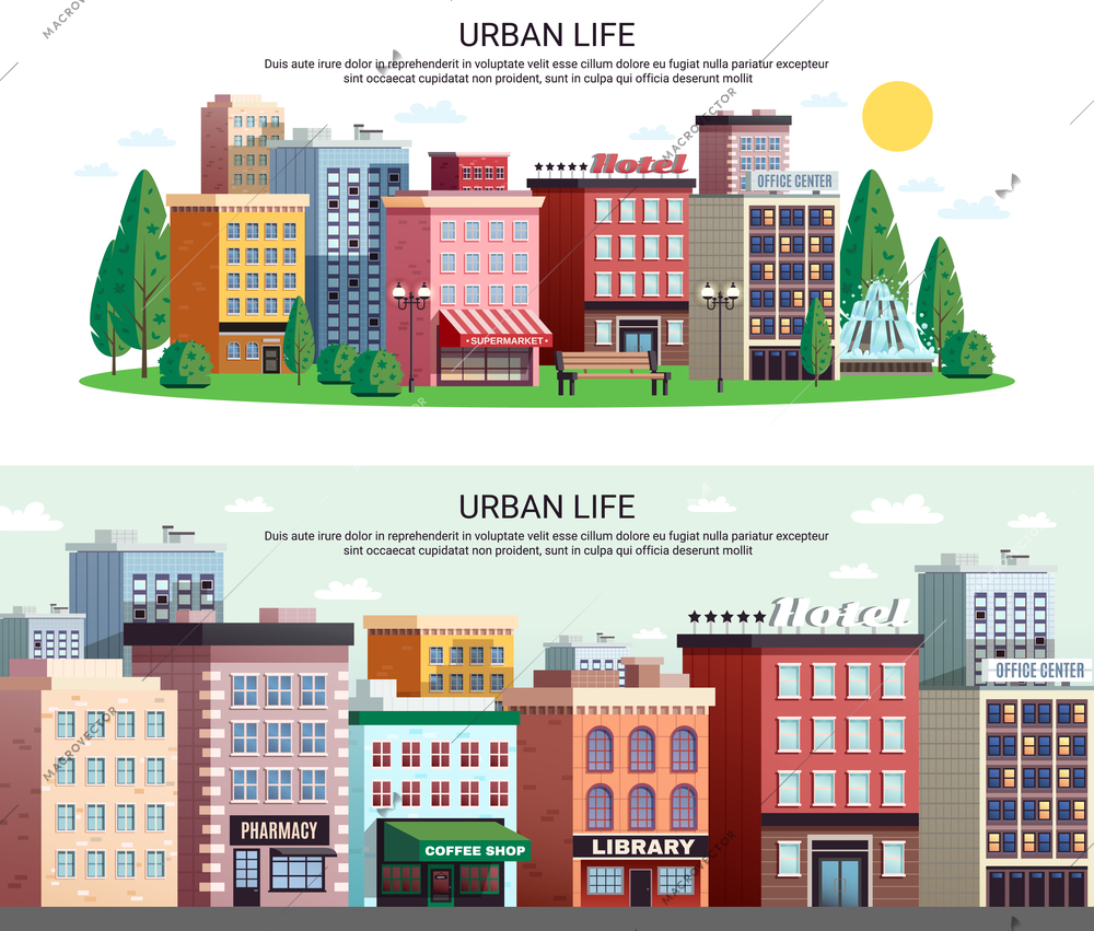 Urban life horizontal banners with picturesque town center shopping area houses with zoom effect isolated vector illustration