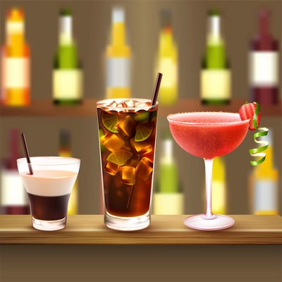 Drinks realistic composition with wooden bar counter and three different cocktails with alcololic drink bottles on background vector illustration