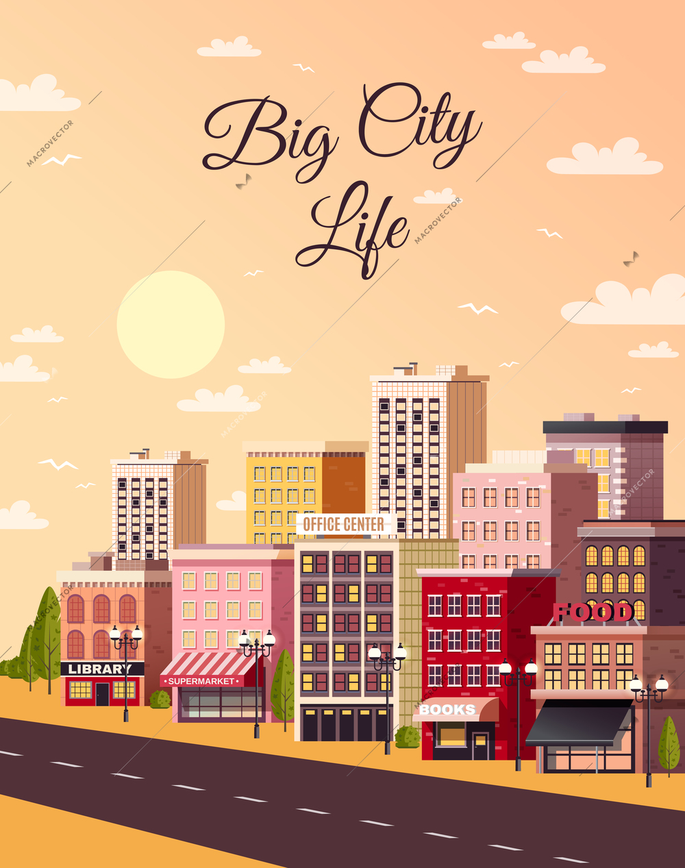 City sunset light background poster with empty street and colorful roadside shopping area town houses vector illustration