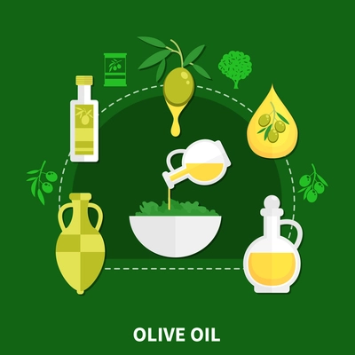 Olive oil in various packaging, bowl with salad flat composition on green background vector illustration