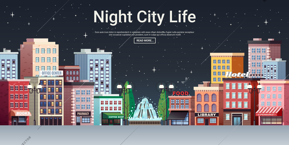 Night city life webpage poster with picturesque town center business office and shopping area houses vector illustration