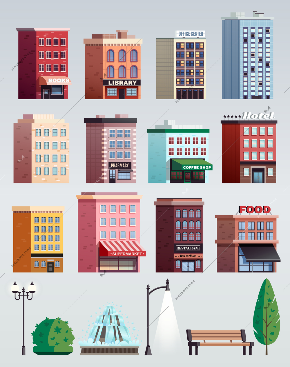 City street colorful houses office buildings street elements collection with lanterns trees bench isolated vector illustration