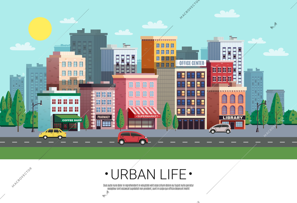 Town shopping area street view with colorful houses trees cars and roadside green lawn vector illustration