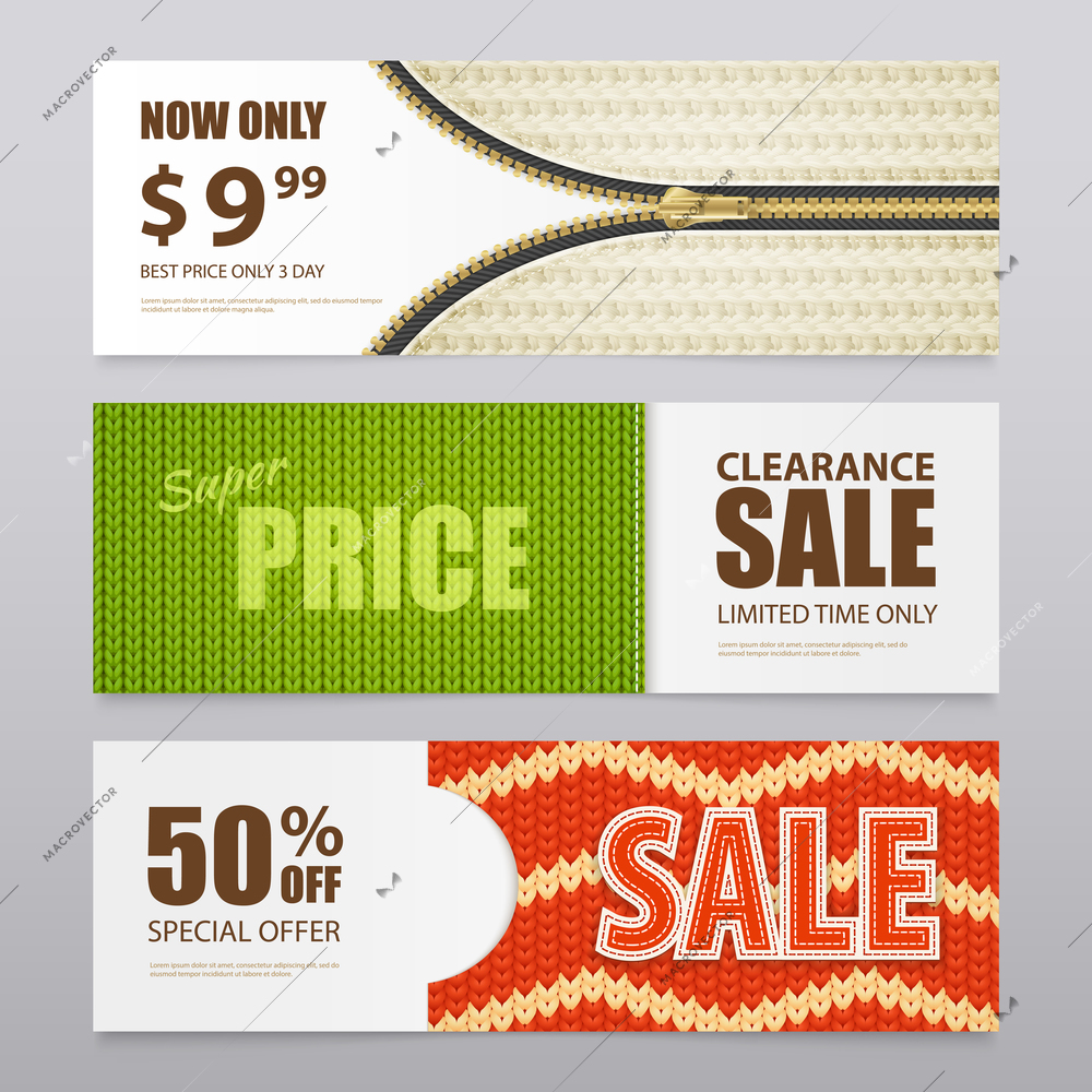 Knitted fabric clearance sale discount prices with 3  patterns texture samples realistic horizontal banners isolated vector illustration