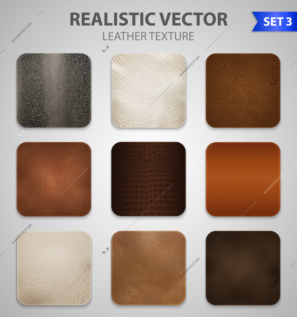 Realistic high quality genuine and artificial faux leather  texture color samples patches set grey background vector illustration