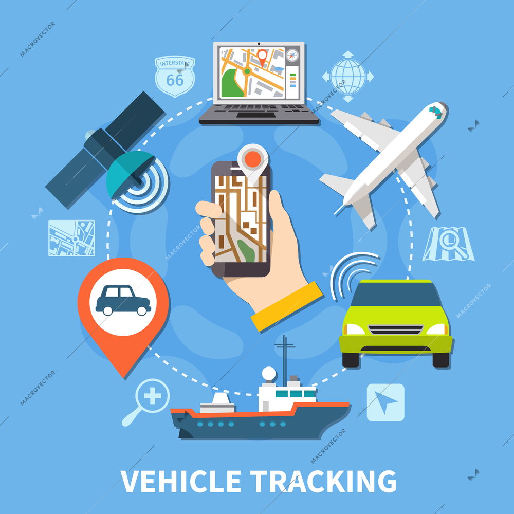 Navigation round composition of isolated silhouette pictograms and colourful icons of vehicles maps and tracking facilities vector illustration