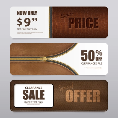 Artificial leather clearance sale offer prices with 3  qualities texture samples realistic horizontal banners isolated vector illustration