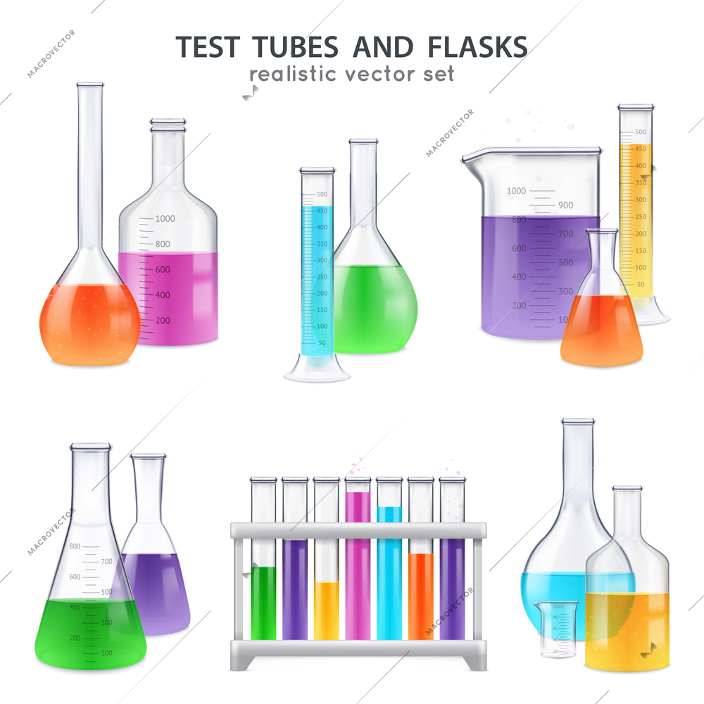 Chemical laboratory glassware equipment realistic set of test tubes flasks bottles retorts with colorful reagents isolated vector illustration