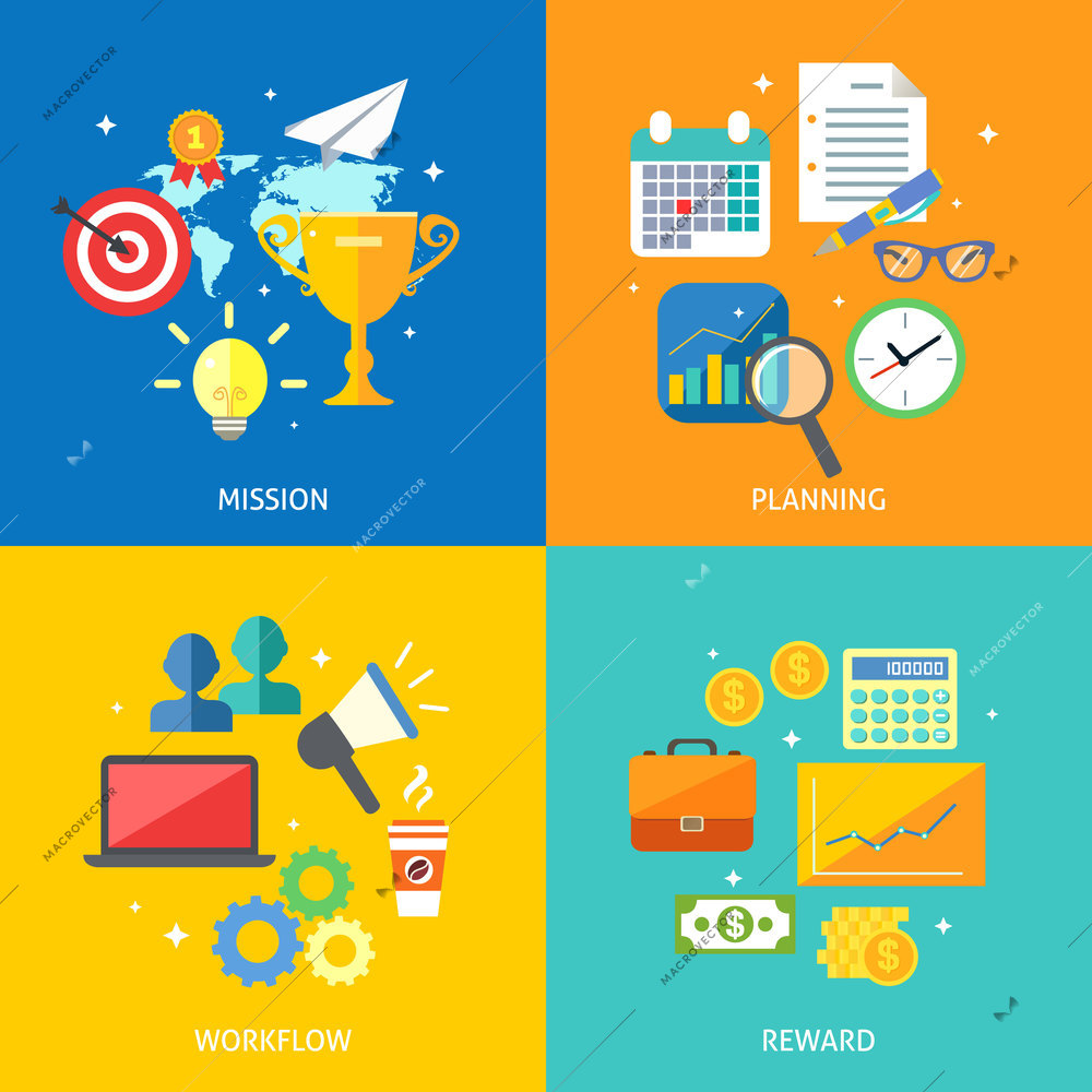 Business process concept mission planning workflow reward icons set vector illustration