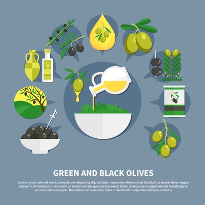 Green and black olives, canned products, oil, bowl with salad, flat composition on grey background vector illustration