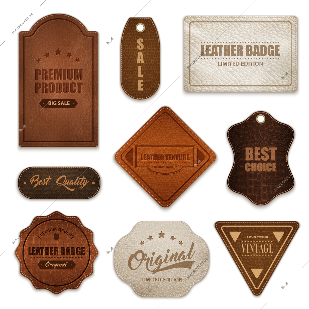 Realistic premium quality genuine leather labels badges tags collection various shapes color and texture isolated vector illustration