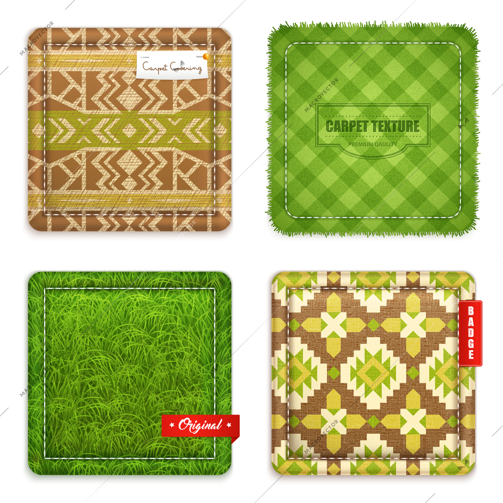 Carpet rugs mats flooring texture and pattern design concept 4 realistic green brown samples isolated vector illustration