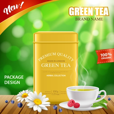 Green tea golden tin box new package design realistic advertisement poster with white porcelain cup vector illustration