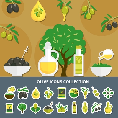 Green and black olives icons collection including tree and branches, canned products, oil bottle isolated vector illustration