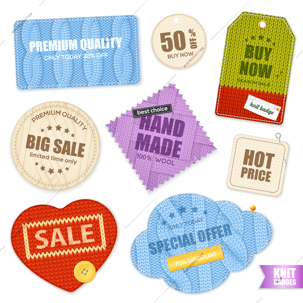 Realistic hand knitted labels badges tags collection with arans stockings and fantasy patterns texture isolated vector illustration