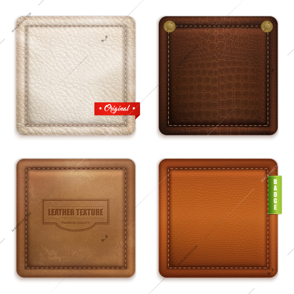 Genuine leather quality texture and color concept 4 realistic square badges pockets samples set isolated vector illustration