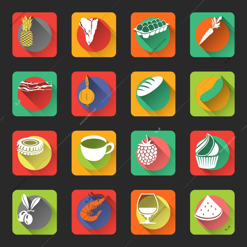 Food flat icons set of fruit meat vegetables isolated vector illustration