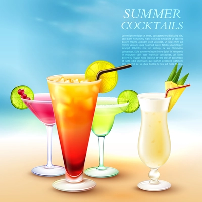 Drinks realistic composition with blurry marine beach background and glasses filled with different cocktails with text vector illustration