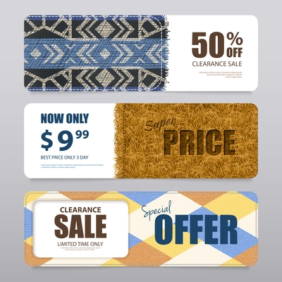 Carpet rugs floor covering sale discount offer texture samples 3 realistic horizontal banners set isolated vector illustration