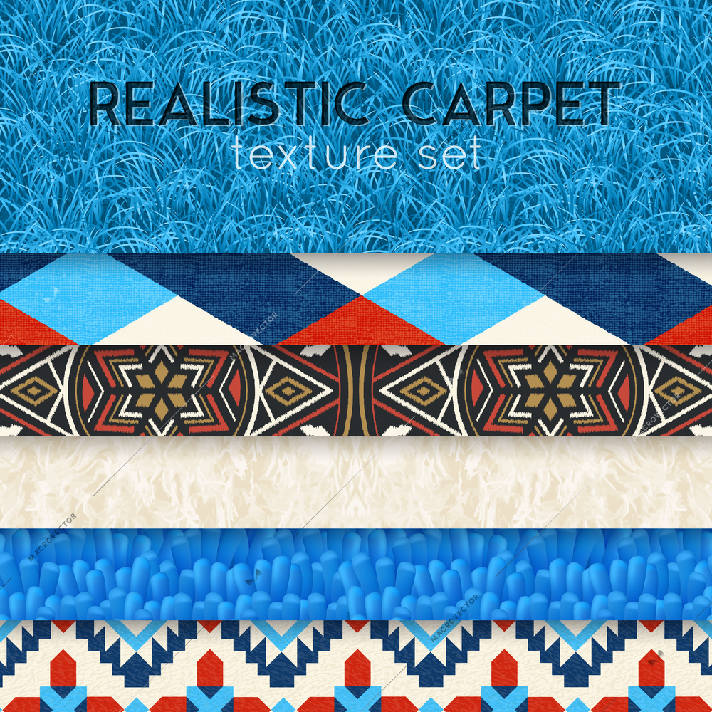 Realistic carpet texture samples horizontal layers collection of shaggy short pile colorful ornamental patterns designs vector illustration