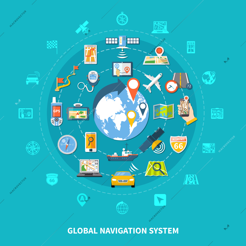 Navigation round composition with set of isolated emoji style global positioning icons colourful images and pictograms vector illustration