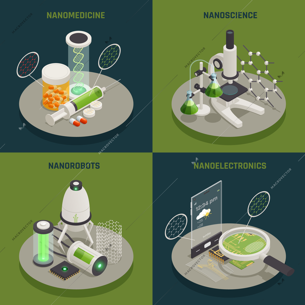 Nanotechnology 4 isometric icons square concept with nanomedicine nanoscience nanoelectronics and nanorobots applications isolated vector illustration