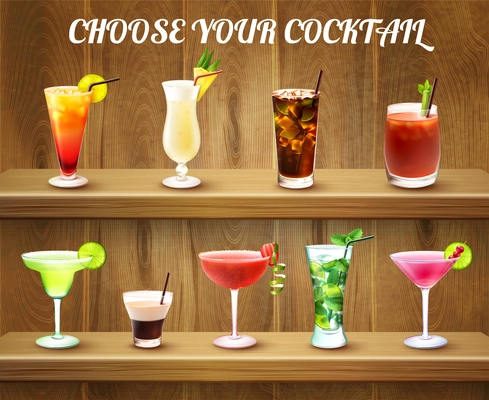 Drinks realistic composition with two shelves and various cocktail glasses of different shape and colour ingredients vector illustration