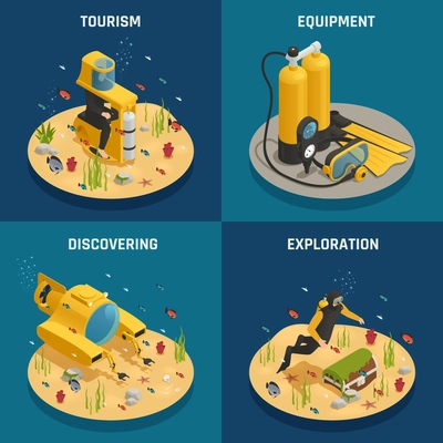 Underwater tourism experience discoveries and professional scuba diving equipment 4 isometric icons concept square isolated vector illustration