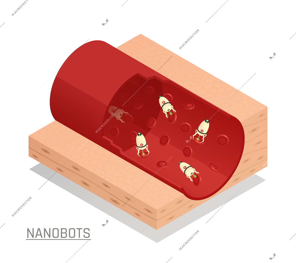 Innovative nanotechnology medical tests diagnostics and treatments with nanorobots flowing through blood vessel isometric composition vector illustration