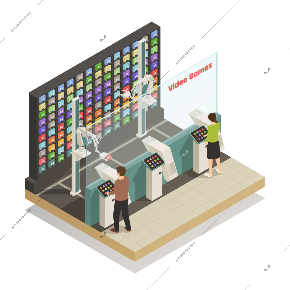 Automated self-service technologies in video games shop isometric composition with robotic helper assisting customers vector illustration