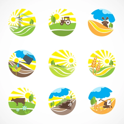 Decorative agriculture and farming landscape icons set isolated vector illustration