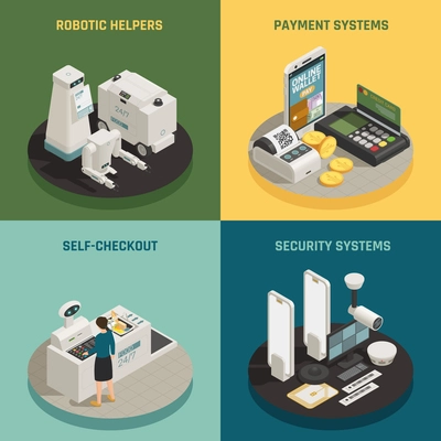 Commercial robotic helpers in stores shops supermarkets 4 isometric icons concept with self-checkout payment vector illustration