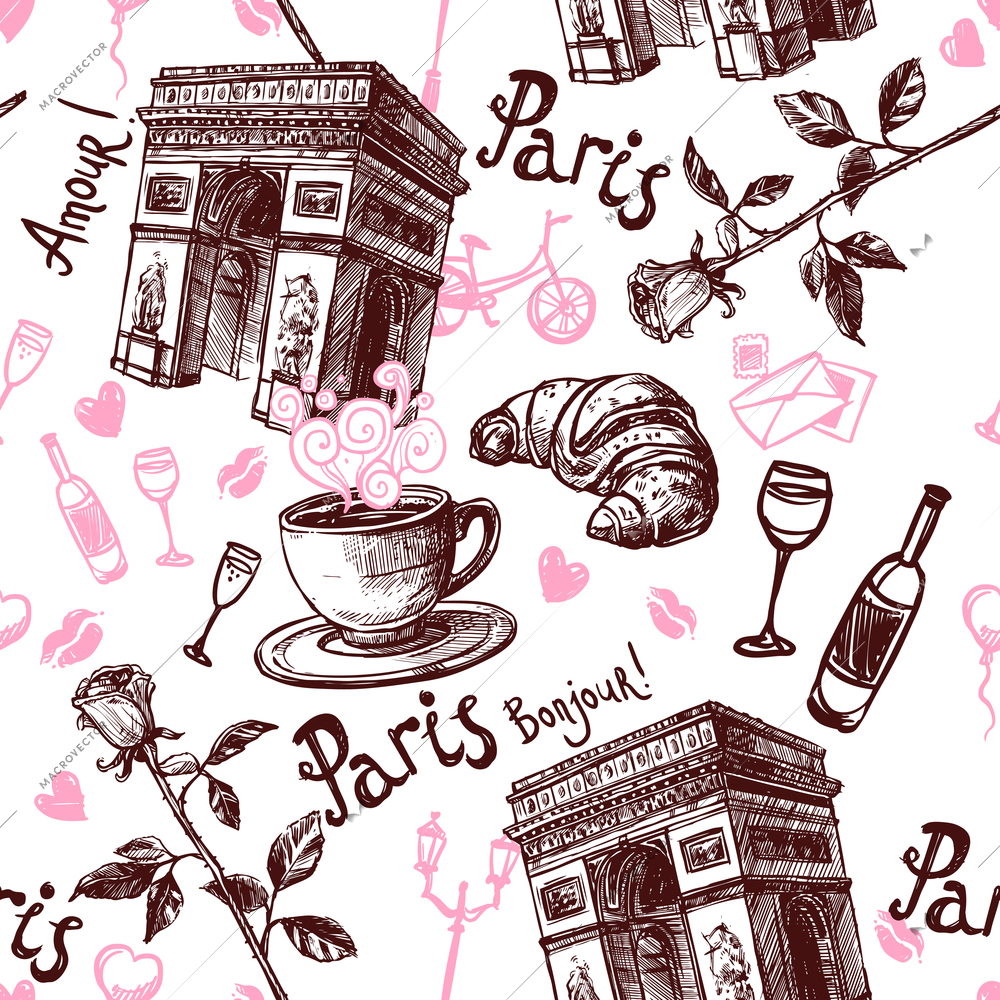 Romantic paris with rose coffee and croissant seamless pattern vector illustration