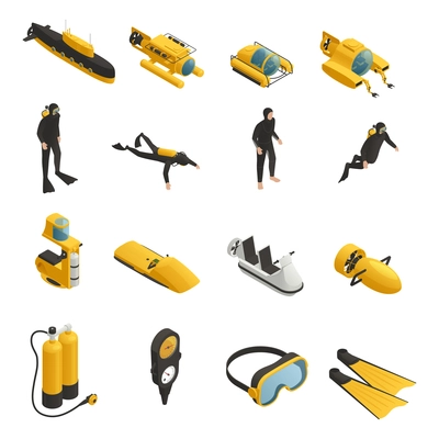 Underwater tools accessories vehicles including submarine bathyscaphe and divers equipment isometric icons collection isolated vector illustration